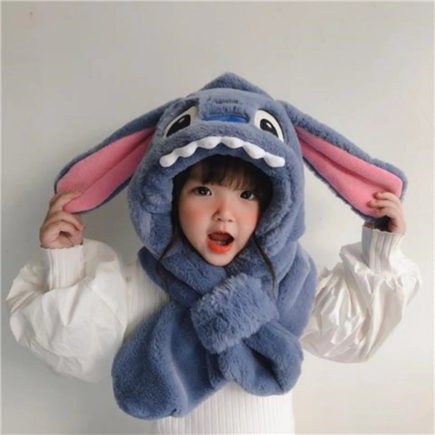 Disney Winter Children's Hats Scarves and Bibs Are Thickened and Kept Warm Stitch Plush Two-piece Ear Protection