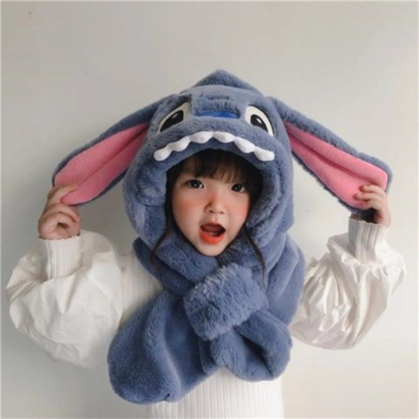 Disney Winter Children's Hats Scarves and Bibs Are Thickened and Kept Warm Stitch Plush Two-piece Ear Protection